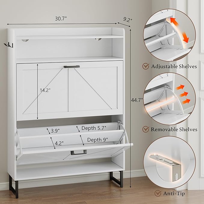 BORNOON Shoe Cabinet with 2 Flip Drawers Narrow Shoe Storage Cabinet Organizer - Image 2