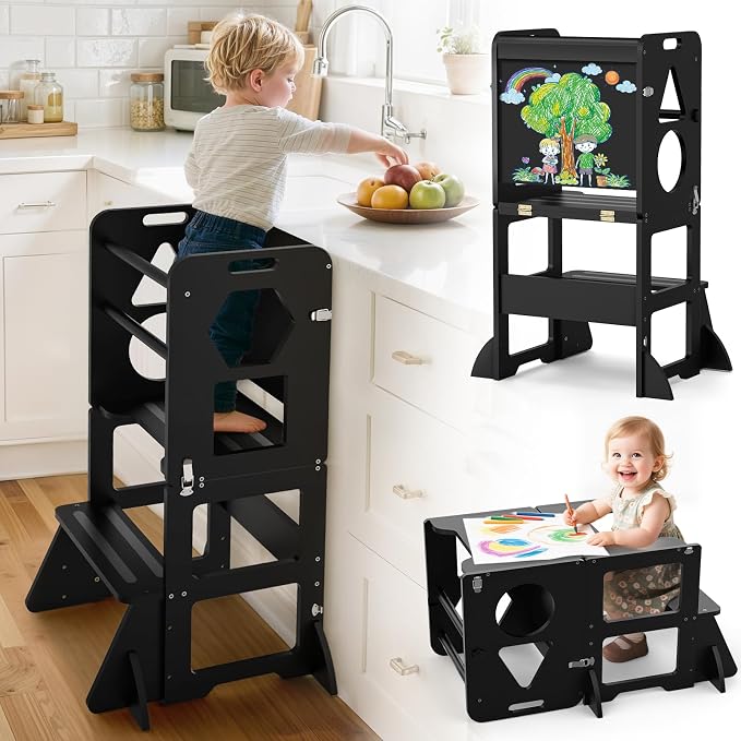 Woodure 4 in-1 Toddler Kitchen Step Stool, Foldable Learning Standing Tower by CraftingNatureandComforts