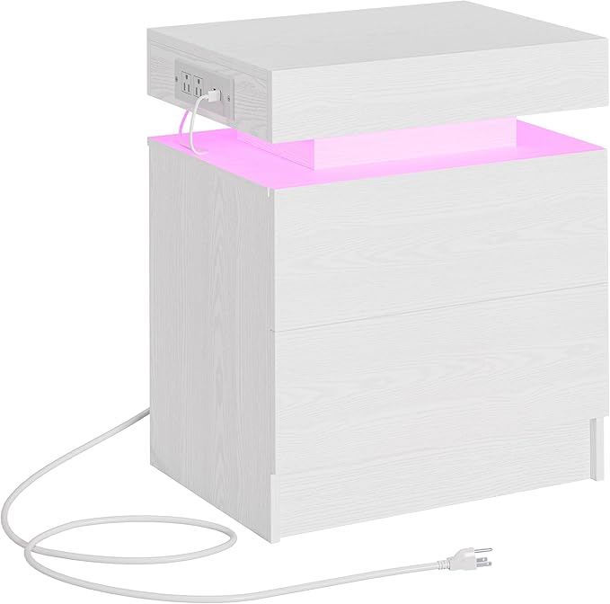 LIKIMIO Night Stand with Charging Station, Modern White Nightstand with LED by LIKIMIO