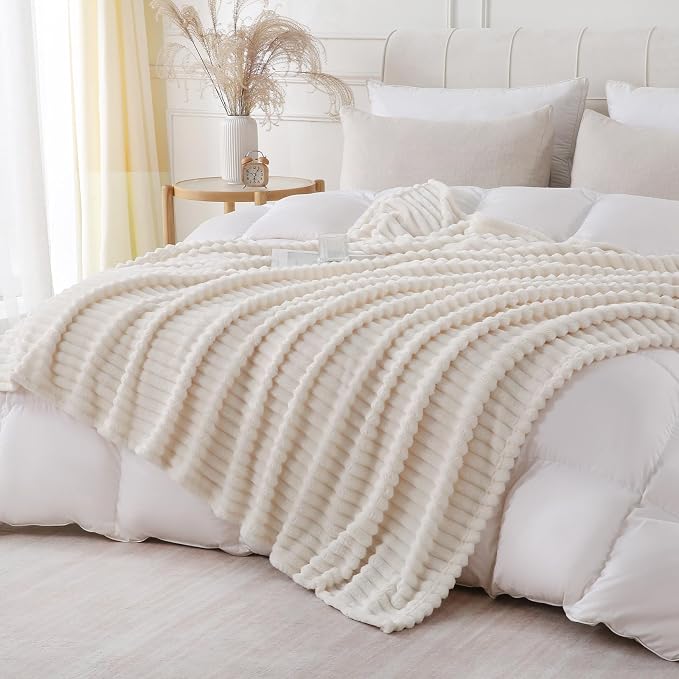 Cream White Throw Blanket for Couch Sofa 50x60 inches Striped Design | Fleece - Image 5