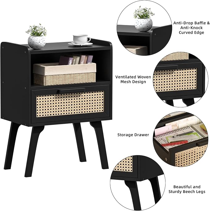 Lerliuo Rattan Nightstands Set of 2, Bedside Table - Image 7