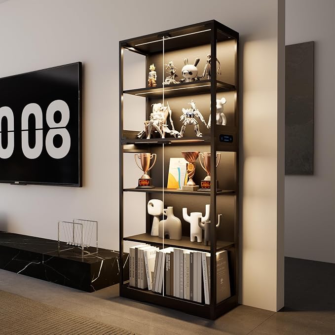 65" Tall Display Case with Glass Doors, Lighted Display Cabinet Bookcase with - Image 10