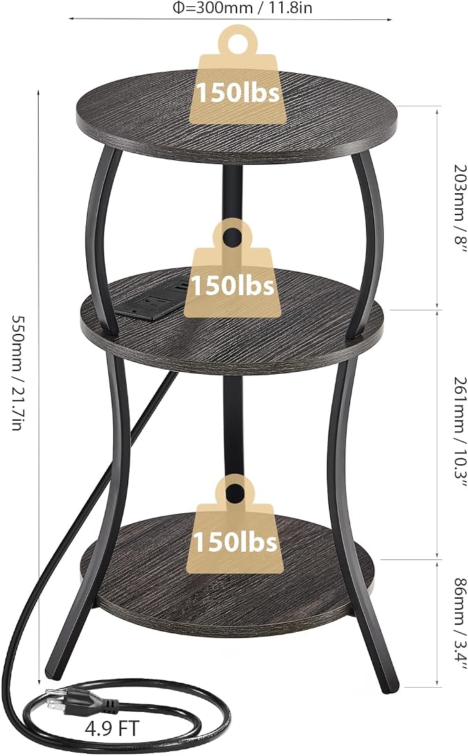 Small Round Side Table with Charging Station, 3-Tier Waist Circular End Table - Image 3