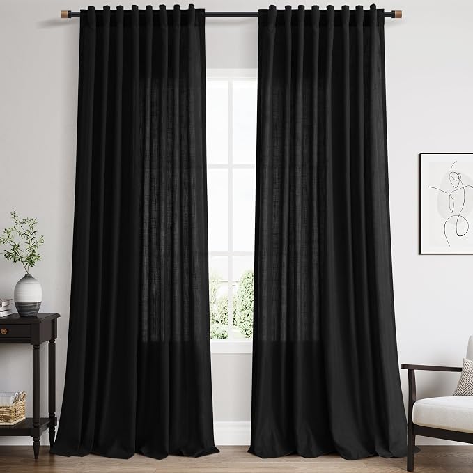 Black 102 Inch Linen Curtains for Living Room Back Tab Rod Pocket Privacy Semi by Nanspring