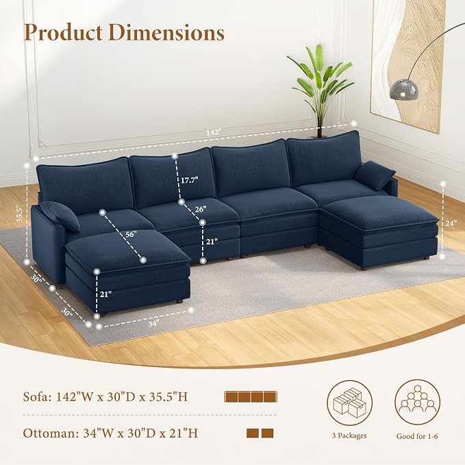 Vesgantti 142" U Shaped Sectional Couch, Comfy Cloud Modular Sectional Sofa - Image 2