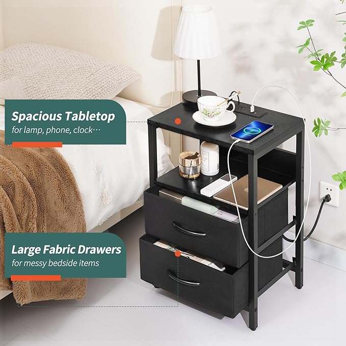Yoobure Nightstand with Charging Station, Small Night Stand with Fabric Drawers - Image 6