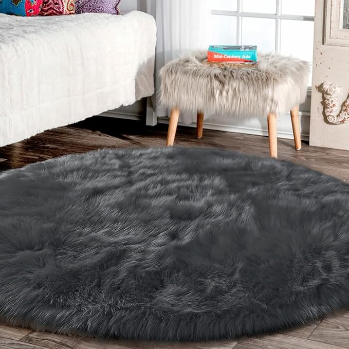 Latepis Dark Grey Round Area Rugs 8 ft Large Faux Sheepskin Fur Fluffy Washable by Latepis