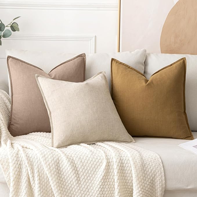 MIULEE Decorative Linen Euro Sham Pillow Covers 24x24 Camel | Boho Farmhouse​ - Image 4