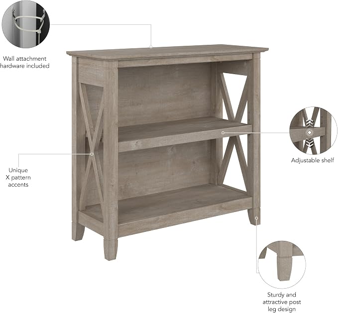 Bush Home Key West Small 2 Shelf Bookcase in Washed Gray, Compact Home Organizer - Image 8
