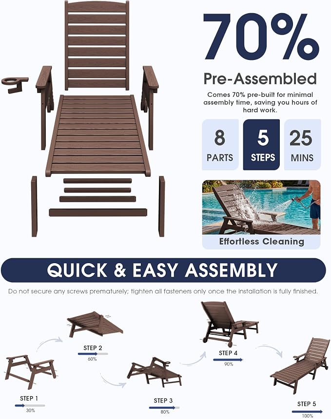 KINGYES HDPE Lounge Chair Outdoor Set of 2, Patio Chaise Lounge Recliner - Image 9