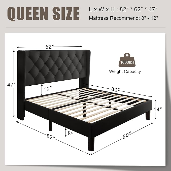 Einhomn Black Queen Size Platform Bed Frame - Image 2