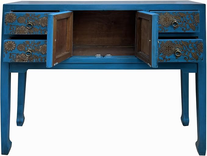 Blue Lacquer Golden Flower Graphic Drawers Slim Foyer Side Table Acs7732 - Image 5