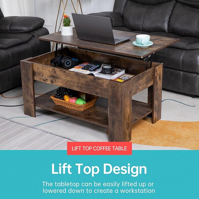 FDW Lift Top Coffee Table with Hidden Compartment and Storage Shelf Wooden Lift - Image 4