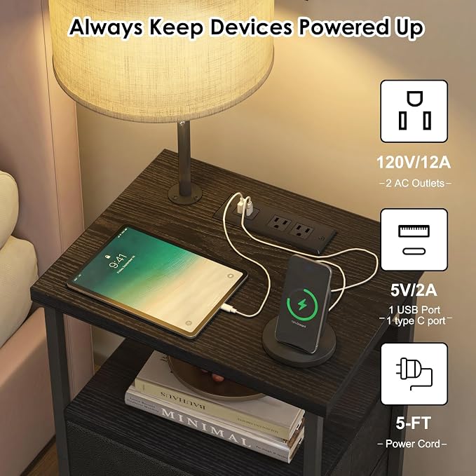 Fixwal Bedside Table with 3 Color Temperature Reading Light, Nightstand with - Image 4