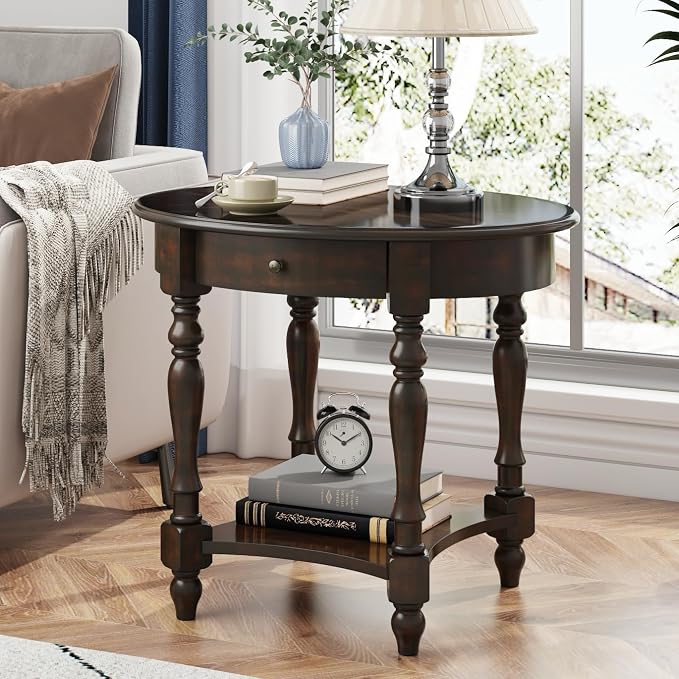 Oval End Table with Drawer, Solid Wood Sofa Side Table with Storage Shelf by MODERION-YourHomeSoulMate