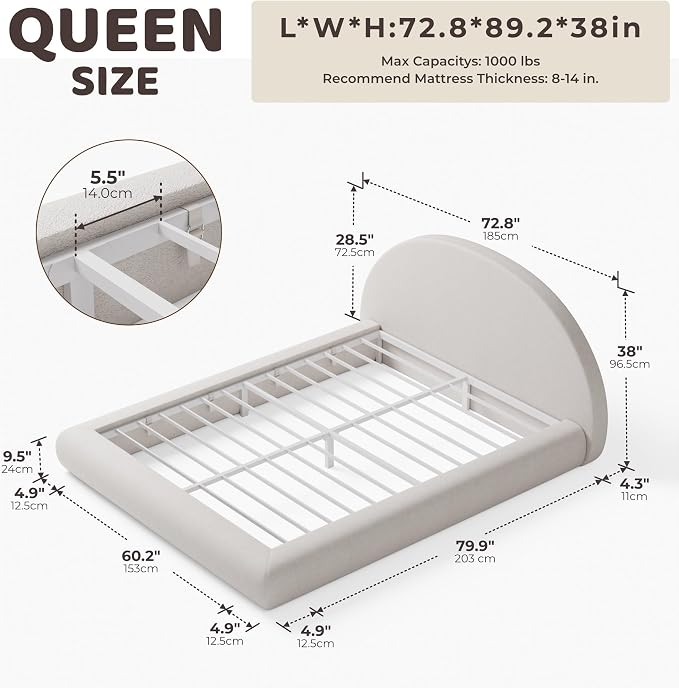 RECCI AirFrame Half-Moon Upholstered Queen Platform Bed Frame, Velvet Curved - Image 2