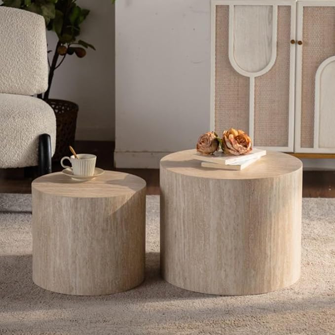 Round Wooden Nesting Coffee Table Set of 2, Circle Modern Accent End Side Table - Image 7