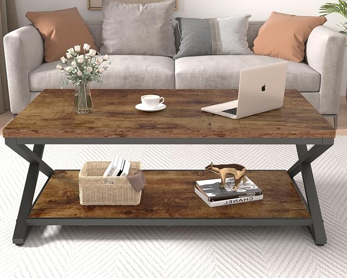 HSH Wood Coffee Table with Storage, Farmhouse Rustic Brown Coffee Table - Image 4
