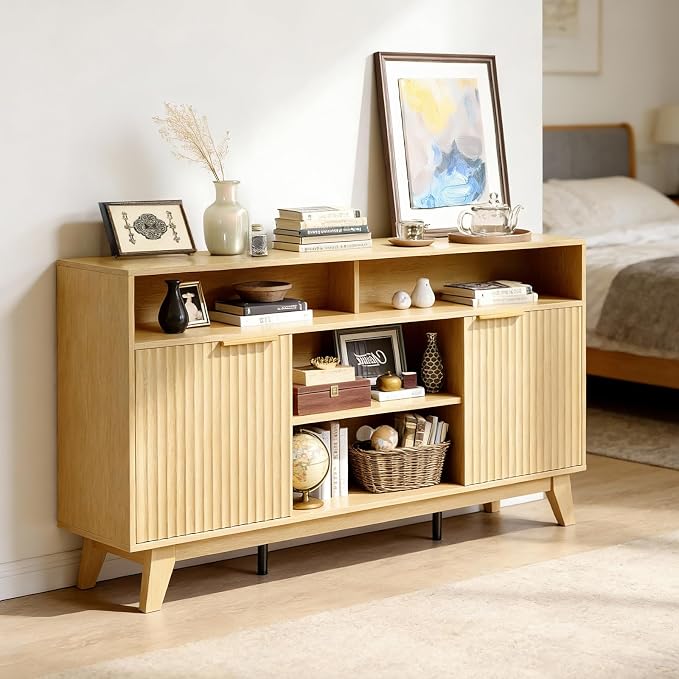 VINGLI Boho Fluted TV Stand for 70 Inch TV, Tall Wooden TV Console - Image 3