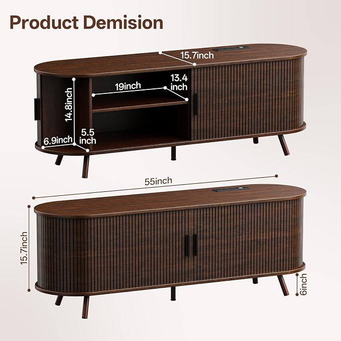 55 inch TV Stand with Power Outlet, Fluted Entertainment Center - Image 2