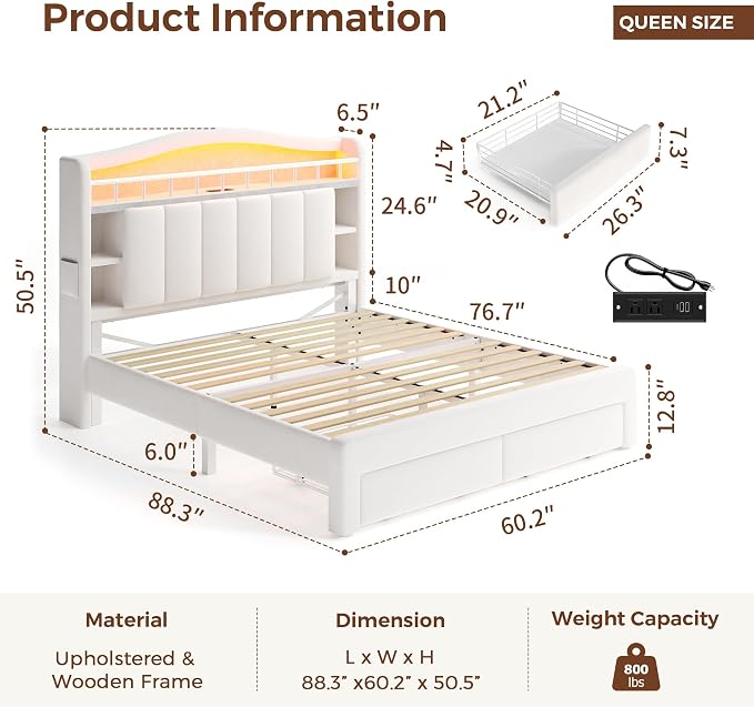 Queen Size Bed Frame with LED Storage Headboard & 2 Storage Drawers, Velvet - Image 2
