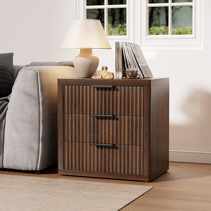 Fluted Nightstand with 3 Drawers, Tall Bed Side Table with Metal Handle - Image 3