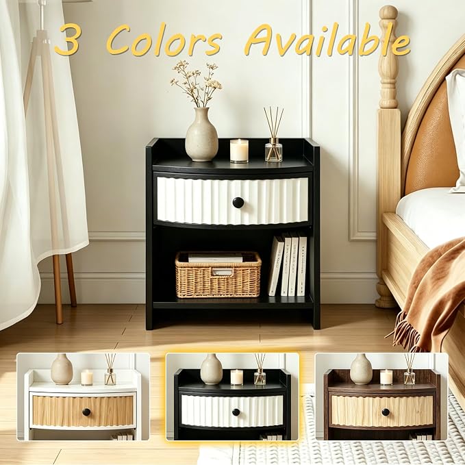 Wooden Nightstand with Drawer and Open Storage Shelf, Curved Front Bedside Table - Image 7