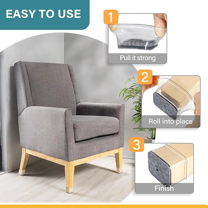 24 Pcs Chair Leg Floor Protectors Rectangle, Silicone Felt Furniture Leg Pads - Image 4