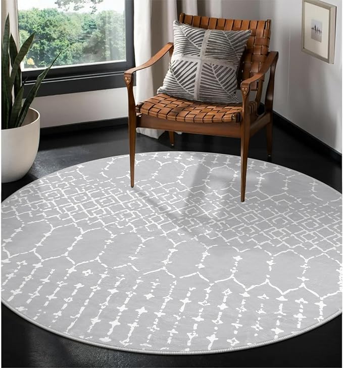 Lahome Moroccan 5Ft Round Rug Machine Washable Round Bedroom Carpet Grey by Lahome