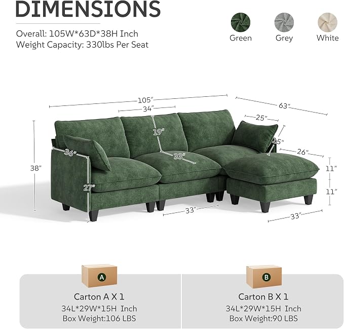 Ihanherry 105" Modular Sectional Sofa, L-Shaped Cloud Couch - Image 9
