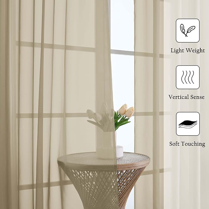 Taupe Sheer Curtains 63 Inch Length 2 Pcs, Light Filtering Rod Pockets Window - Image 5