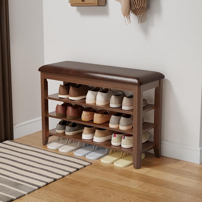 AQIMUELE Shoe Bench with Leather Cushion, 3 Tiers Shoe Storage Bench Height by AQIMUELE