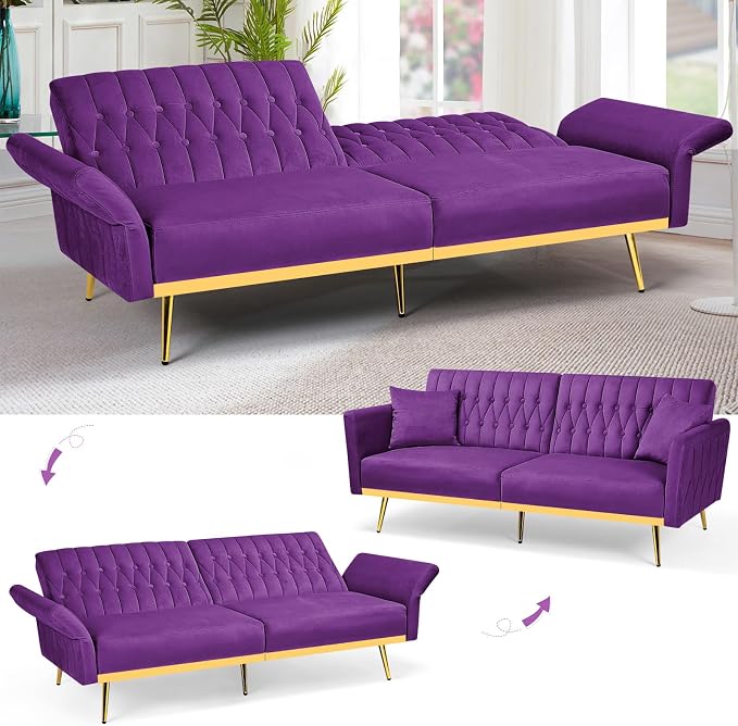 70” Velvet Futon Sofa Bed with 2 Pillows and Adjustable Armrests, Convertible - Image 5