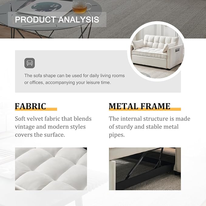 3-in-1 Convertible Sleeper Sofa Bed, Premium Velvet Pull Out Loveseat - Image 3