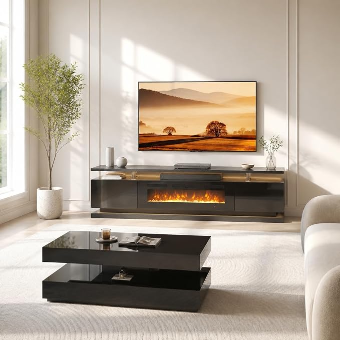 2-Piece Modern Living Room Table Set, Includes High Gloss 70" Fireplace TV by Nordivale