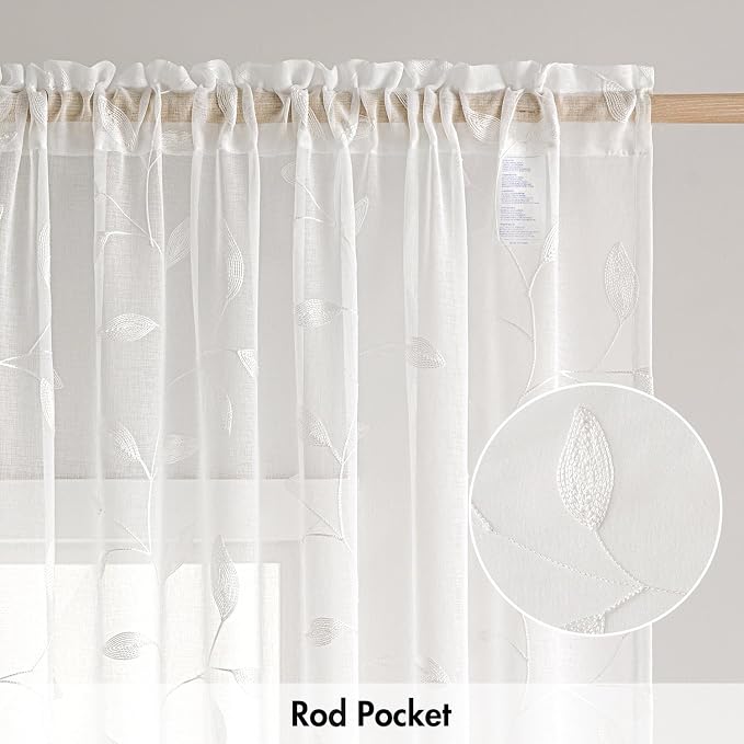 MIULEE White Sheer Curtains 2 Panels Embroidered Leaf Patterned, W52 x L84 | - Image 6