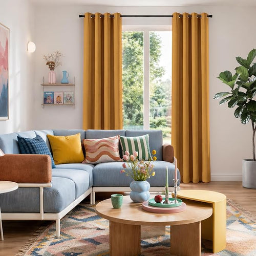 100% Blackout Linen Textured Curtains 72 Inch Long, Mustard Yellow | 100% - Image 2
