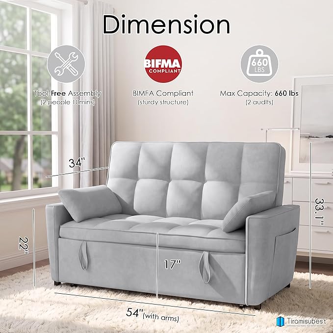 54'' Sleeper Sofa Bed, Convertible Pull Out Couch Futon - Image 2