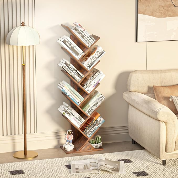SHEEPAM 10 Tier Tree Book Shelf, Floor Standing Wood Bookshelf - Image 4
