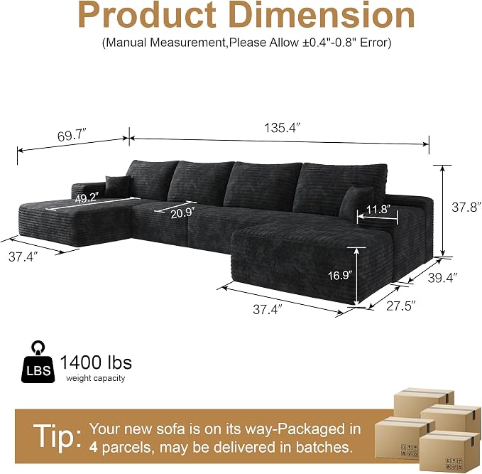 136" Sectional Couches for Living Room Cloud Couch Sofa - Image 2