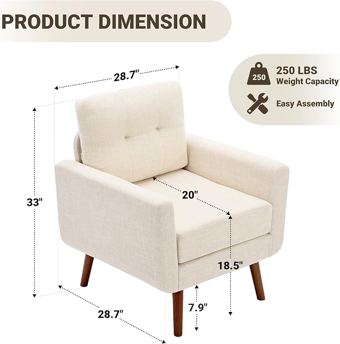 Tbfit Linen Fabric Single Sofa, Accent Chair, Mid Century Modern Armchair - Image 2
