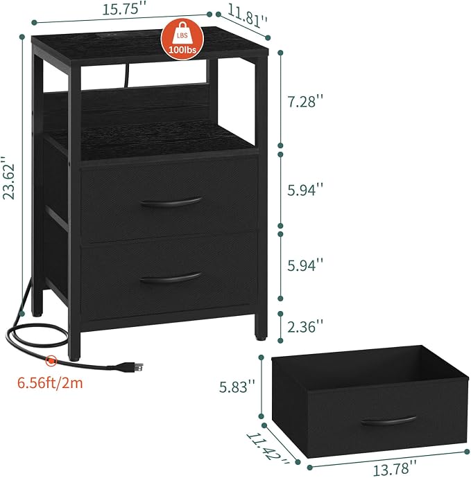 Yoobure Nightstand with Charging Station, LED Night Stand with Fabric Drawers - Image 3