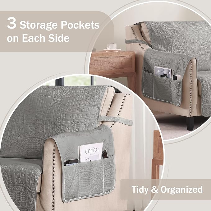Gray Quilted Recliner Chair Covers, Waterproof Recliner Slipcovers, Lazy Boy - Image 4