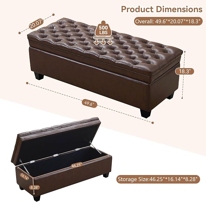 WUTUTUEE 50" Faux Leather Storage Ottoman Bench, End of Bed Upholstered - Image 2