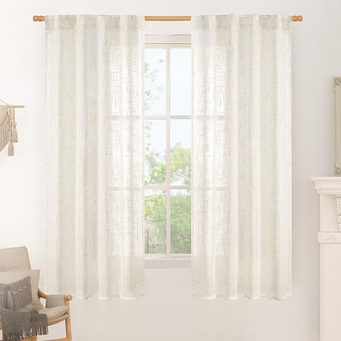Cream Linen Semi Sheer Curtains 63 Inch by LAMIT