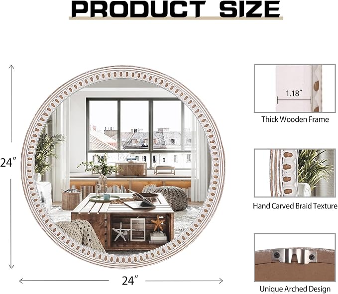 24 Inch Farmhouse Round Wood Mirror - Image 7