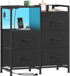 Somdot Black Nightstand with Charging Station and LED Light, Wide 5 Drawers by Somdot