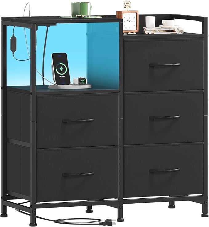 Somdot Black Nightstand with Charging Station and LED Light, Wide 5 Drawers by Somdot