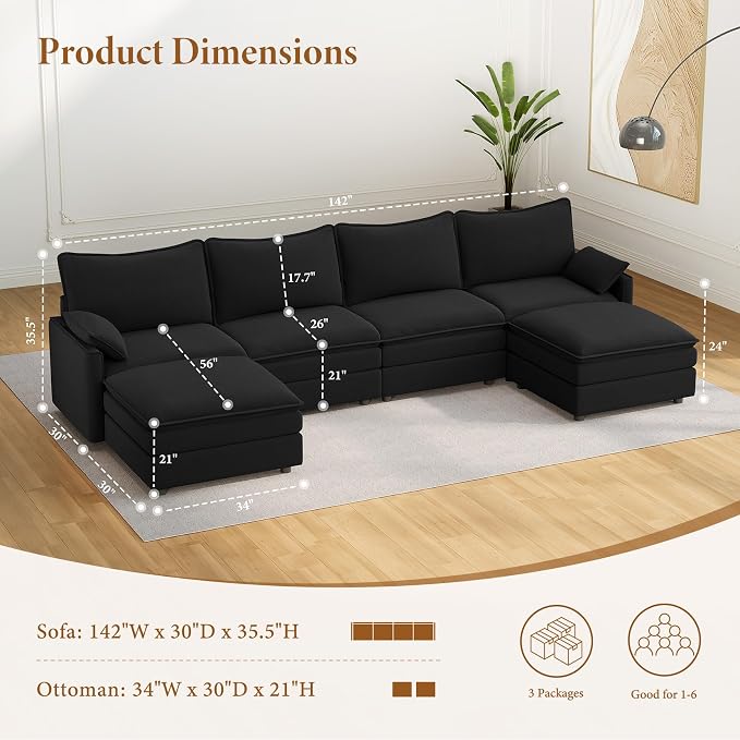 Vesgantti 142" U Shaped Sectional Couch, Comfy Cloud Modular Sectional Sofa - Image 2