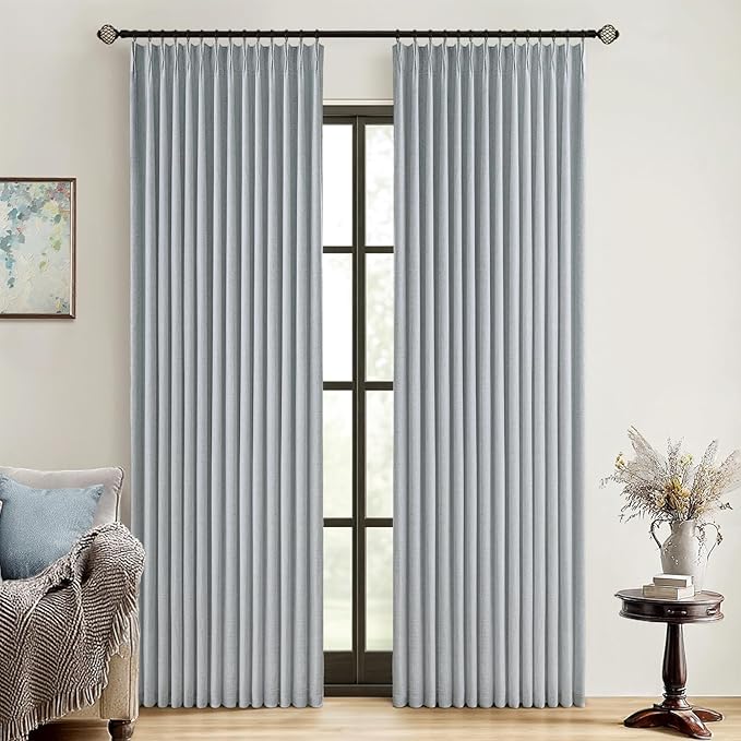 MIULEE Grayish Blue Pinch Pleated 100% Blackout Linen Curtains 40x90 Inches | by MIULEE